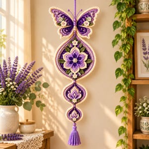 May include: A vertical wall hanging featuring a crocheted purple and white butterfly at the top, connected to two ornate, layered floral medallions in shades of violet and cream, finished with a dangling purple yarn tassel at the bottom.