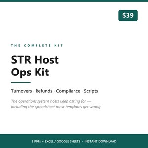 May include: A digital document set titled The Complete Kit STR Host Ops Kit, featuring text for Turnovers, Refunds, Compliance, and Scripts. The white graphic includes a dark green header and footer, with a price tag of $39 in the top right corner.