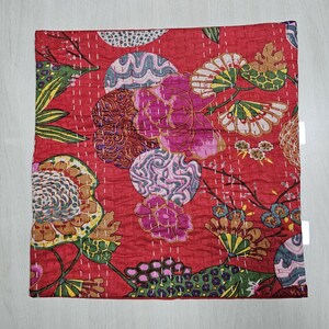 Kantha Cushion Cover, Handmade Quilted Pillow Cover, Indian Cotton Throw Pillow, Boho Red Floral Cushion Case, Colorful Sofa Decor