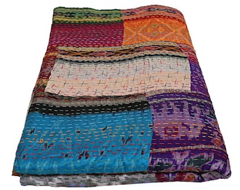 Multi Patchwork Kantha Bedspread, Handmade Cotton Kantha Quilt, Indian Boho Bed Cover, Reversible Kantha Throw, Vintage Style Bedding