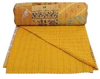 Silk Patchwork Kantha Bedspread, Handmade Indian Kantha Quilt, Boho Silk Bed Cover, Reversible Kantha Bedding, Vintage Style Throw