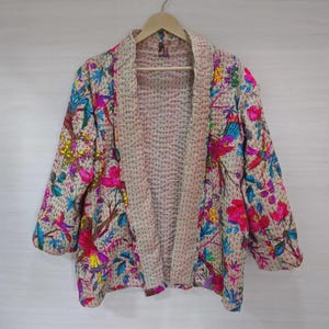 Jaqueta Kantha de algodão indiano, jaqueta reversível feita à mão, jaqueta com patchwork Kantha, agasalho boho de algodão, jaqueta feminina