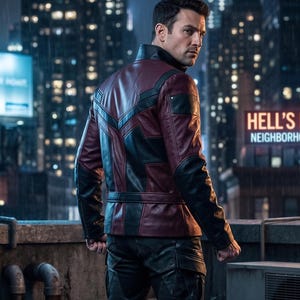 May include: A maroon and black leather jacket with a high collar and structured paneling, paired with black tactical cargo pants featuring reinforced knee sections and black combat boots, worn by a person standing on a rooftop at night.