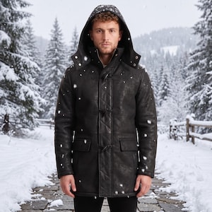 May include: A black hooded coat featuring a textured finish, a central quilted panel, and toggle closures. The garment includes two front flap pockets and a high collar, designed for cold weather wear in a snowy outdoor environment.