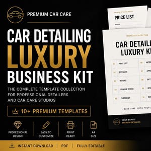 Könnte beinhalten: Ein Luxus-Business-Kit für die Fahrzeugaufbereitung mit über 10 druckbaren Vorlagen auf weißem Papier. Die Dokumente umfassen eine Preisliste, ein Fahrzeugannahmeformular und eine Checkliste, präsentiert vor einem schwarzen Hintergrund mit Goldtext.