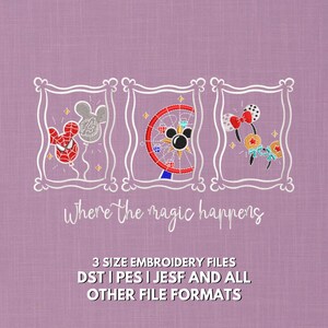 May include: Three white embroidered frames on a purple background. The first contains a Spider-Man balloon and a Mickey balloon. The second shows a Ferris wheel with a Mickey icon. The third features two pairs of mouse ears. Text reads: Where the magic happens.