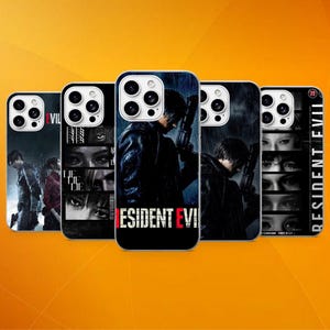 May include: Five smartphone cases featuring Resident Evil graphics. The designs include dark, rainy scenes with characters holding firearms, close-up eye imagery, and the Resident Evil logo in white and red text against a black background.
