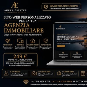 Può includere: Una presentazione di marketing digitale per Aurea Estates con un laptop, un tablet e uno smartphone che mostrano un sito web immobiliare di lusso. L'interfaccia scura include testo dorato, annunci immobiliari e icone di servizi web.
