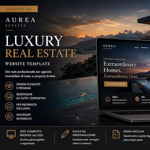 Può includere: Un modello di sito web digitale per immobili di lusso Aurea Estates visualizzato su uno schermo di laptop e smartphone. L'interfaccia presenta sfondi scuri, testo dorato e immagini di case moderne con piscine al tramonto. Include icone e testo.