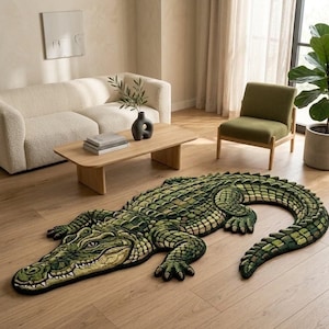 Puede incluir: Una alfombra grande con forma de cocodrilo. La alfombra presenta una superficie texturizada y detallada con varios tonos de verde, amarillo y marrón oscuro, imitando la piel escamosa, los dientes afilados y la cola curva del animal.