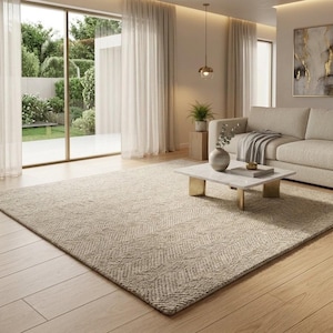 Handwoven Oatmeal Herringbone Wool Area Rug Modern Minimalist Textured Flatweave For Living Room & Bedroom