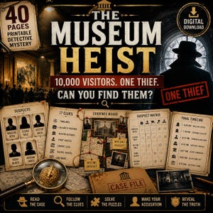 May include: A digital download of The Museum Heist detective mystery game featuring 40 printable pages. The layout includes a suspect list, 17 clues, an evidence board, a suspect matrix, and a final timeline, all presented with a magnifying glass.