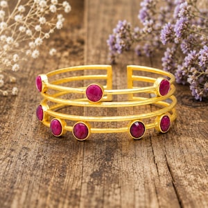 Dyed Ruby Agate Multi Row Gold Cuff Bracelet, Statement Gemstone Jewelry