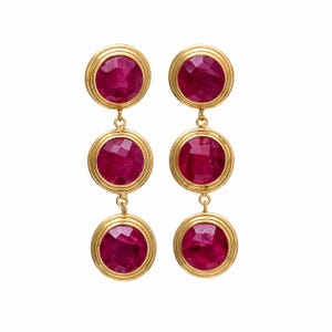 Dyed Ruby Agate Triple Round Gemstone Drop Earrings, Gold Plated Brass Statement Dangles