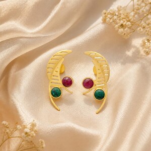 Handmade Dyed Emerald Agate Ruby Agate Big Stud Earrings, Gold Plated Brass Statement Jewelry