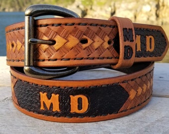 Personalized Western Leather Belt: Hand-Tooled Arrowhead Design