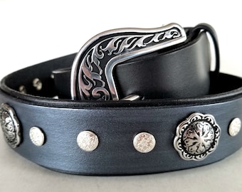 Black Leather Concho Belt: Western Style Silver Buckle