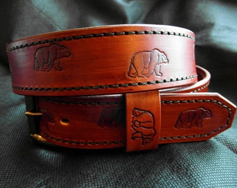 Leather Bear Belt, Handmade brown belt, Western belt for men, Wilderness belt, Wildlife belt, Designer belt