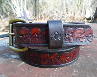 Handmade Leather Skull Belt: Embossed Biker Belt