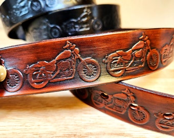 Handcrafted Motorcycle Leather Belt: Engraved Hermann Oak, Solid Brass