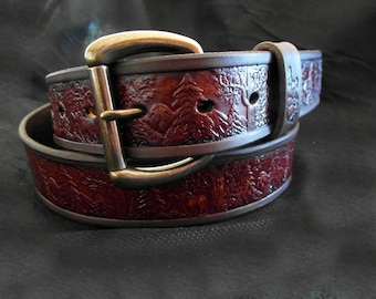 Tooled Leather Belt: Woodland Forest Design, Outdoorsman Style