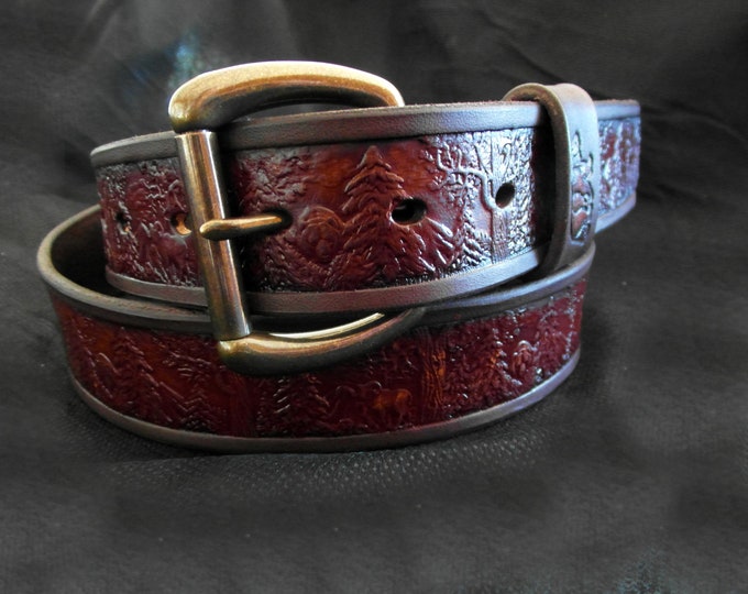 Woodland Leather Belt Tooled Leather Belt Forest Design - Etsy