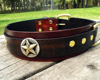2-inch Wide Leather Dog Collar: Heavy Duty Star Concho Collar