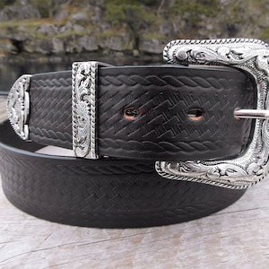 Western Belt with Silver Buckle, Cowboy Leather Belt, Brown Leather Belt, Fancy Buckle Belt, Men&#39;s Western Belt