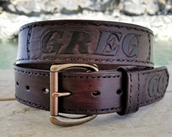 Personalized Leather Belt: Hand Tooled Mahogany Woodsman Belt
