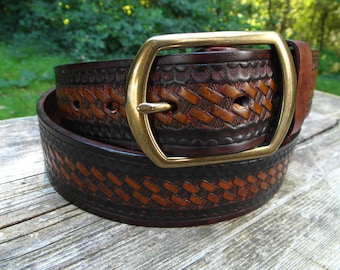 Embossed Basket Weave Leather Belt: Hand-burnished Acorn Brown