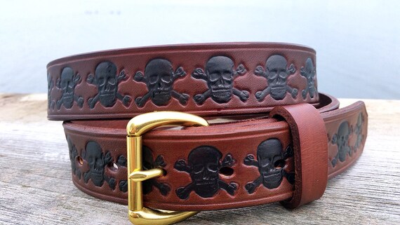 Tooled Brown Leather Belt: Skull & Crossbones Design, Solid Brass