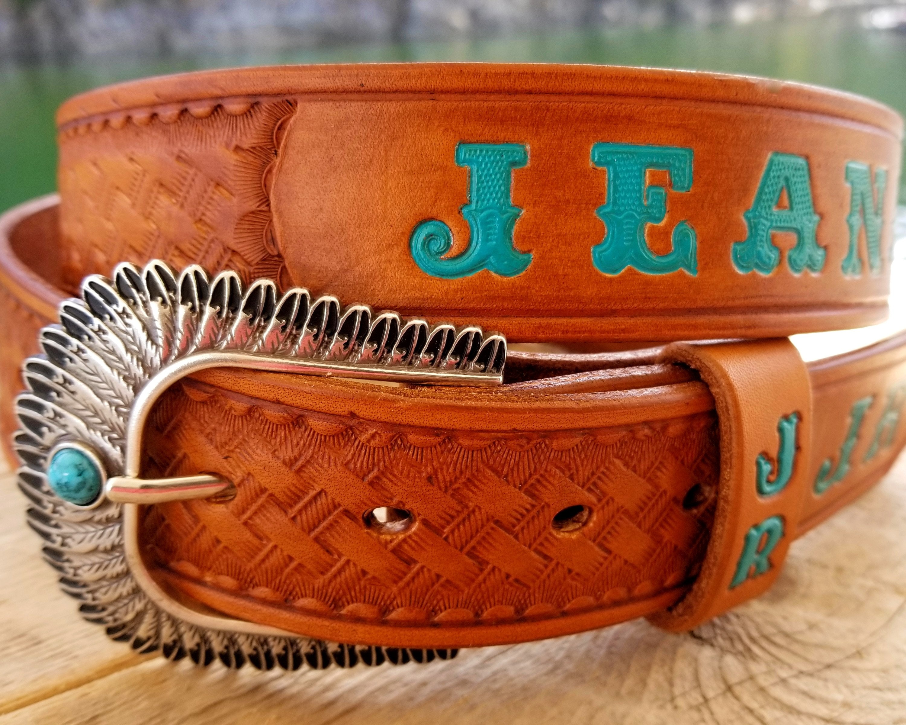 Handmade Tooled Leather Belt: Western Turquoise Cowboy Belt 
