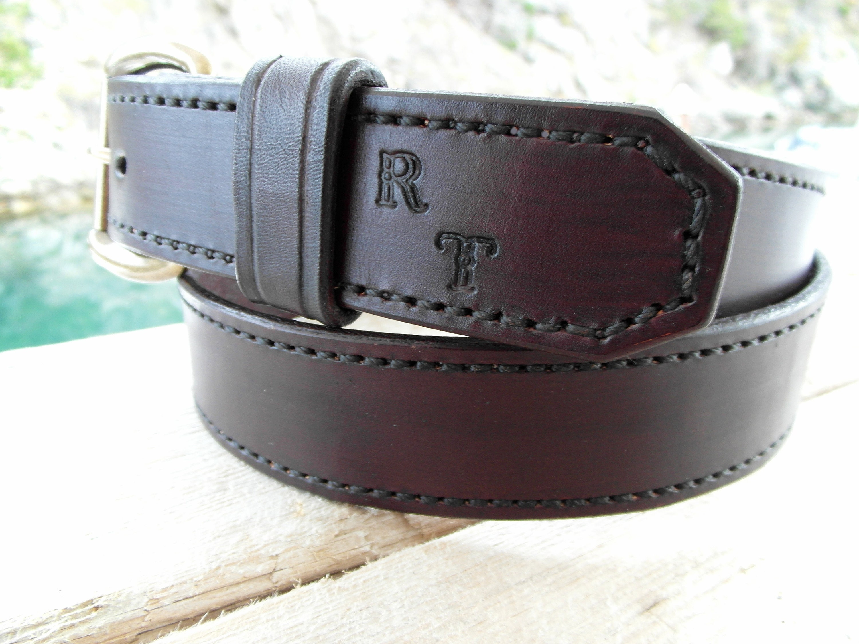 Custom Leather Belt with Stitching and Initials Heavy Leather | Etsy