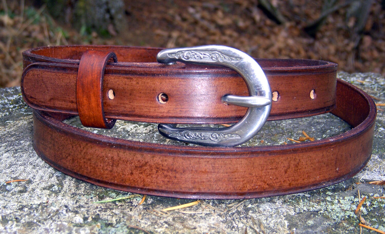 Narrow Leather Belt: Engraved Buckle, Western Style - Etsy