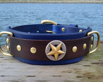 Blue Leather Dog Collar, 2 inch Wide Collar, Royal Blue Pet Collar, Mastiff Collar XL