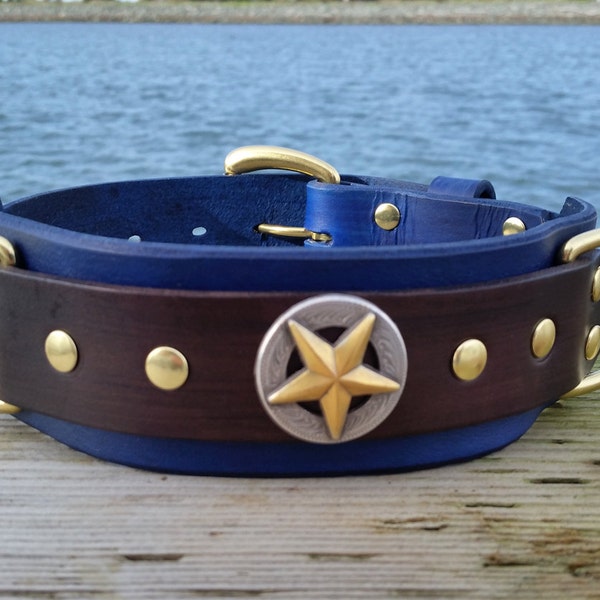 Blue Leather Dog Collar, 2 inch Wide Collar, Royal Blue Pet Collar, Mastiff Collar XL