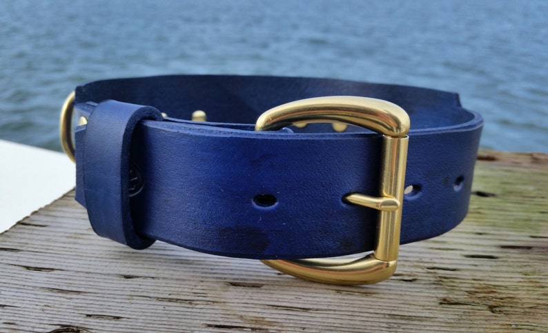 Blue Leather Dog Collar, 2 inch Wide Collar, Royal Blue Pet Collar, Mastiff Collar XL image 5