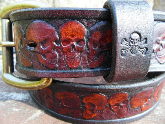 Leather skull belt ? Skulls Embossed Leather Belt - Cellar Leather main image 4