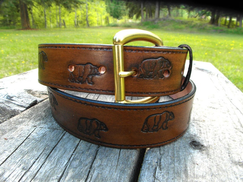 Brown Leather Belt with Bears | Etsy