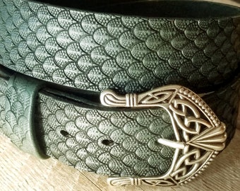 Ladies Dragon Hide Belt, Handmade Leather Belt for Women, Dragon Scale Print Belt, Green or Black Leather