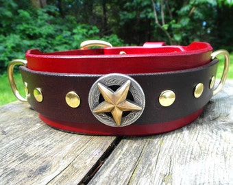Wide Red Leather Dog Collar: XL Large Breed Collar with Star Concho