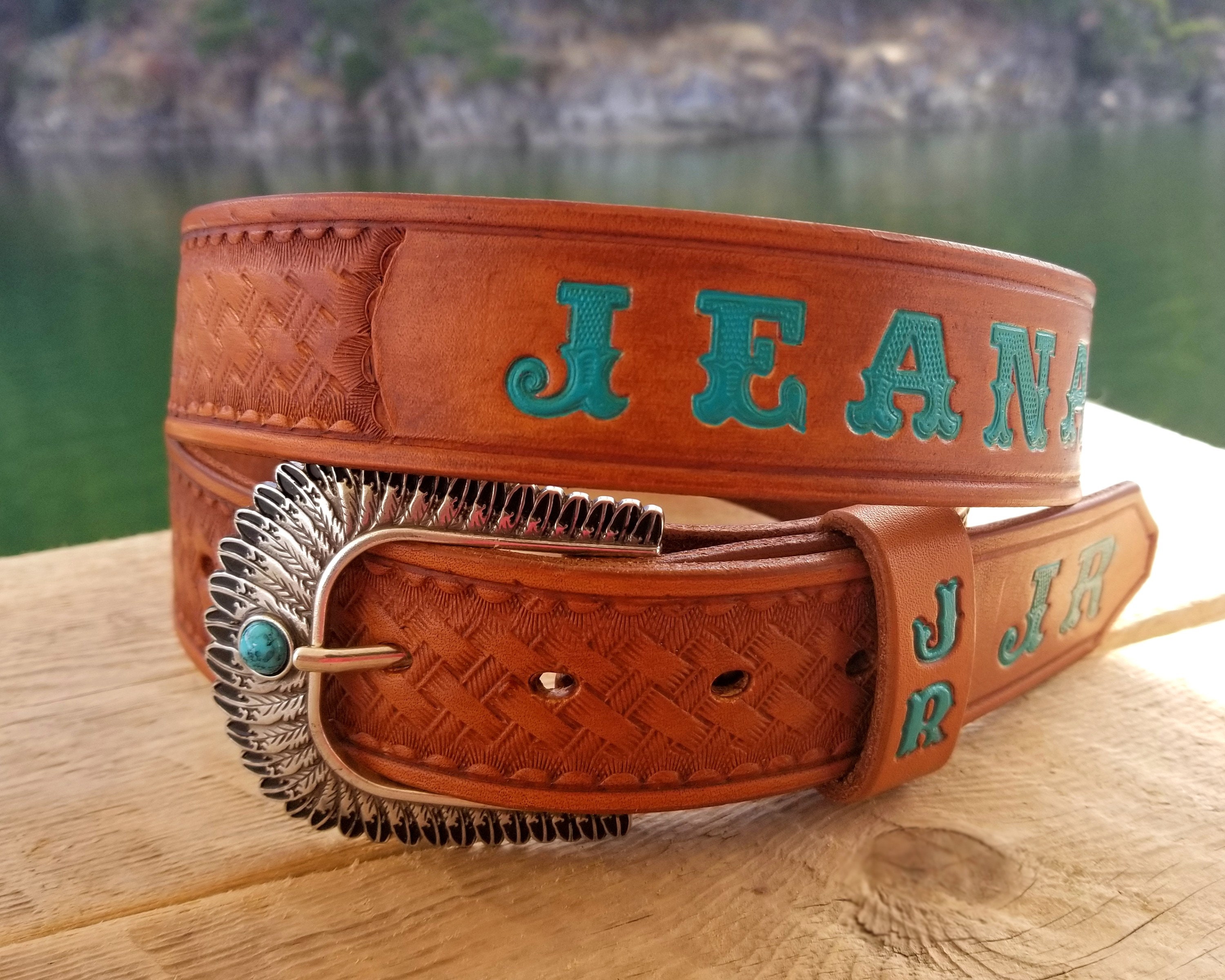Personalized Turquoise Leather Belt Tooled with Name and Initials, Handmade Belt Personalized