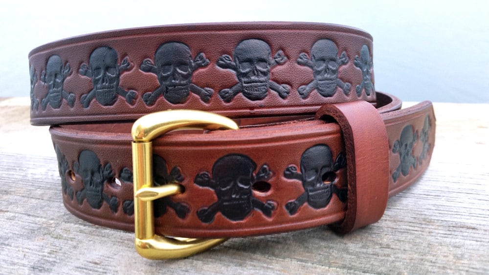 Tooled Brown Leather Belt: Skull & Crossbones Design, Solid Brass