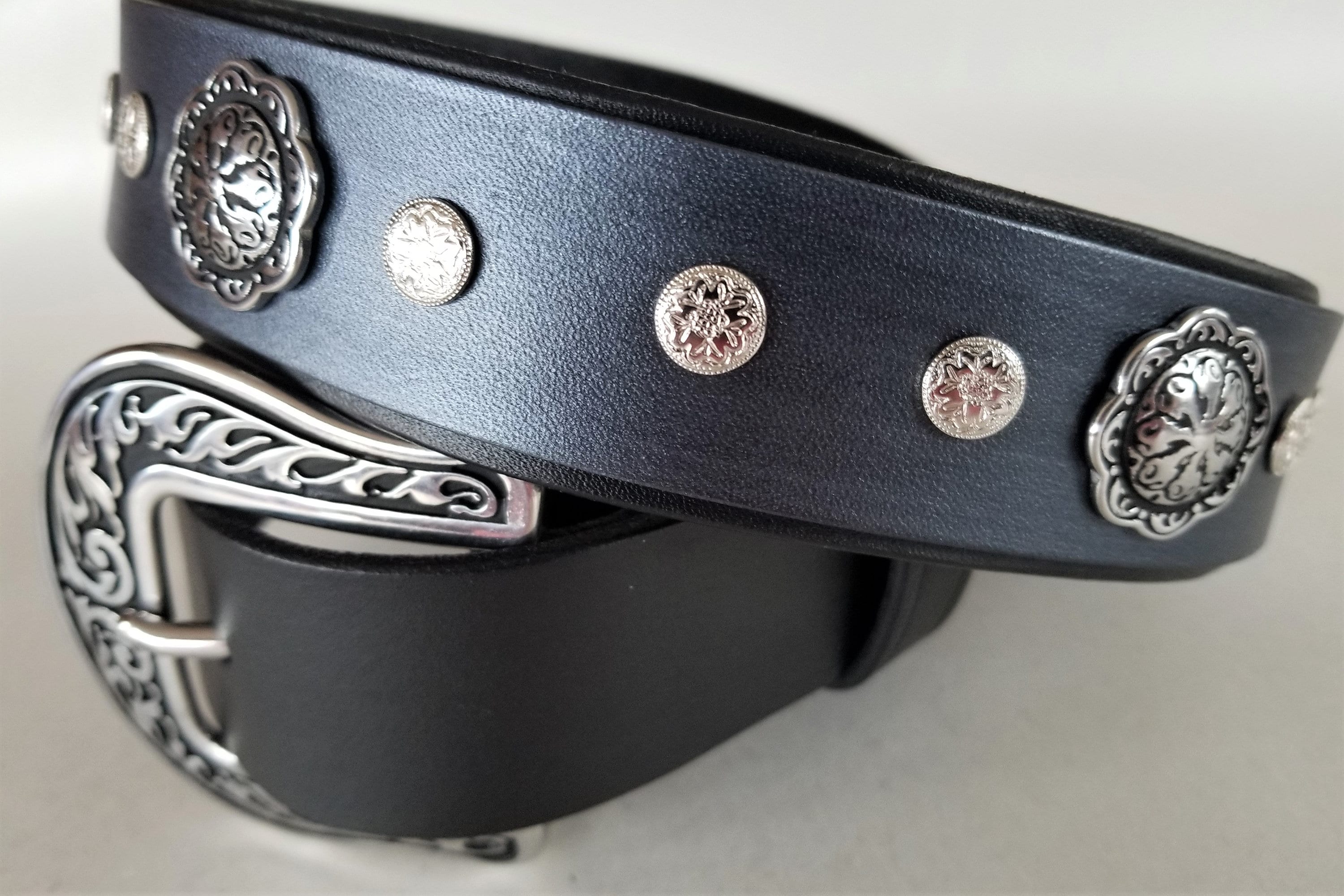 Black Leather Concho Belt: Western Style Silver Buckle - Etsy display picture 1