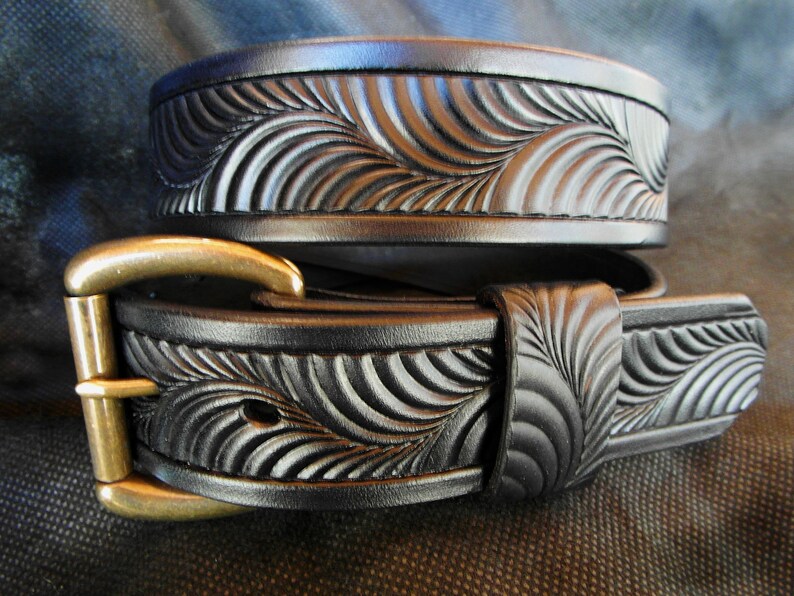 Tooled Western Leather Belt: Hermann Oak Cowboy Belt Schwarz