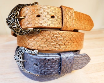 Dragon Scale Leather Belt: Celtic Buckle, Renaissance Faire, Big & Tall