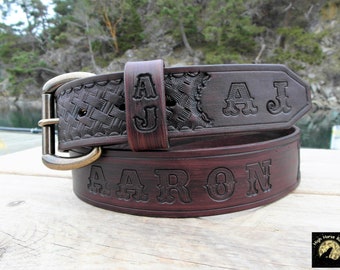 Custom Engraved Handmade Leather Name Belt, Personalized Leather Belt, Tooled Leather Belt with Name and Initials