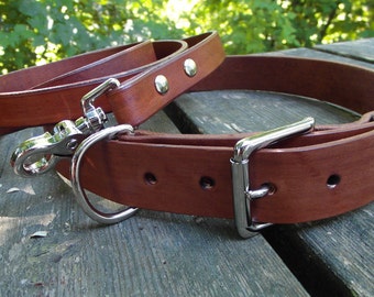 Brown Leather Dog Collar and Leash Set