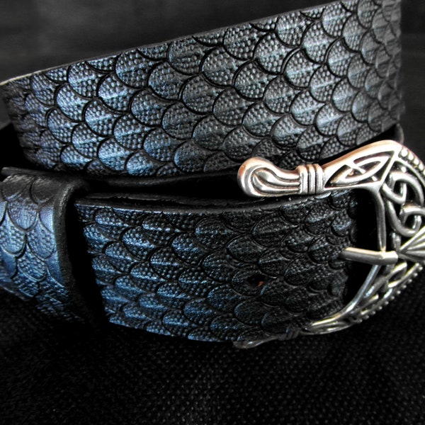 Dragon Scale Belt, Tooled Leather Belt with Dragon Scale Pattern, Leather Belt Men