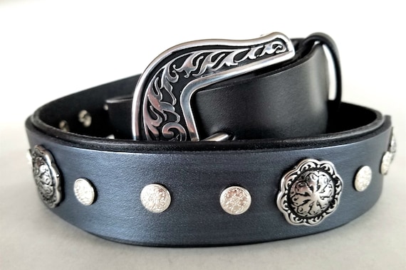 Black Leather Concho Belt: Western Style Silver Buckle